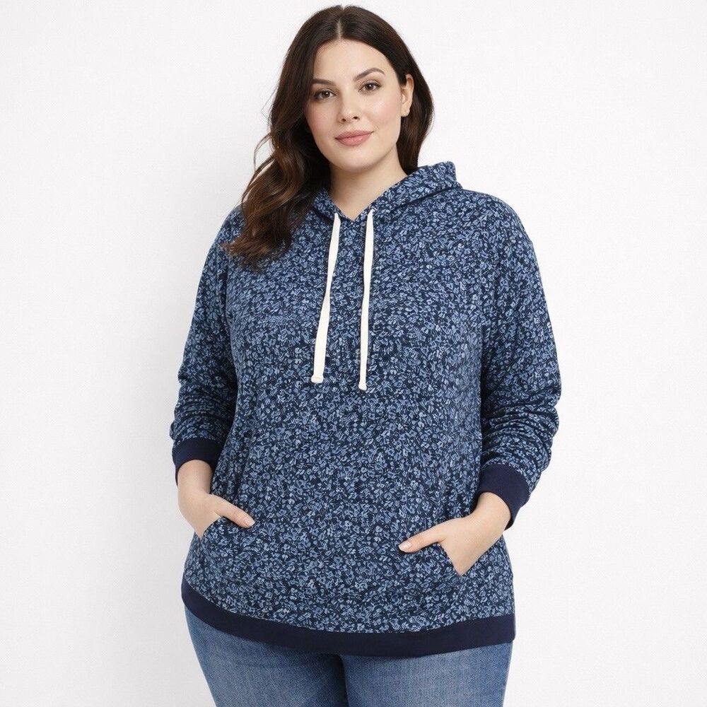 J Crew Womens XXL Hoodie Navy Blue Mirco Floral Cottagecore Casual Cozy Pullover